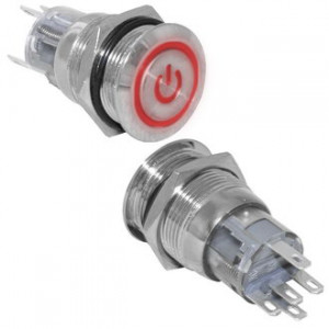 LAS1-AGQ-11ET/R/N ON-(ON), Кнопка антивандальная металлическая без фиксации с кольцевой символьной подсветкой красного цвета, 5А 250В, резьба М19