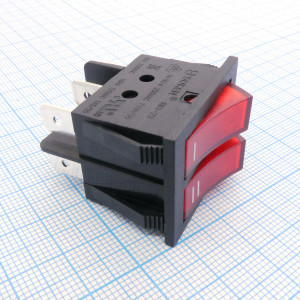 RK1-23AB 1X1X2N B/R"I,II", Выключатель клавишный ON-OFF с подсветкой цвет корпуса (черный) цвет кнопки (красный)