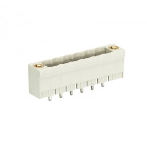 Вилка Wiecon 8213 S / 6 GF OB, Вилочный разъем, вертикальный, на плату, шаг: 5.08 мм, 6 полюсов, фиксация на плате пайкой, исполнение: без маркировки, с монтажными фланцами, 300V, 10А, цвет: серый