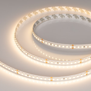 Лента RT-A144-10mm 24V Warm3000 (7.7 W/m, IP20, 2835, 5m) 038782, Светодиодная высокоэффективная лента RT-A144, открытая. Светодиоды 2835, 144 шт/м (720 шт на 5 м), белая плата, ширина 10 мм, скотч 3M. Цвет ТЕПЛЫЙ 3000 K, цветопередача CRI>85, угол 120°. Питание 24 В, мощность 7.7 Вт/м (38.5 Вт на 5 м). Размеры 5000x10x