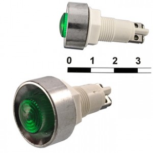 N-836-G  220VAC, Лампа неоновая с резистором 220В в корпусе, зеленый, гайка М12