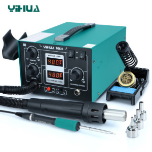 YIHUA 706-II, Термовоздушная станция 670Вт компрессорного типа, паяльник 506A (T12), жало T12-I, набор насадок для фена, подставка