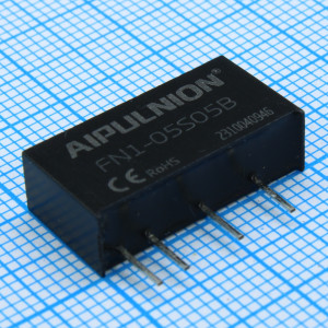 FN1-05S05B, DC/DC, 1Вт, вход 4.5…5.5В, выход 5В/0.2А, изоляция 1500В DC, КПД 76…78%, максимальная емкостная нагрузка не более 3000мкФ, SIP7, 19.5x6x10мм, -40…85°C, пластик