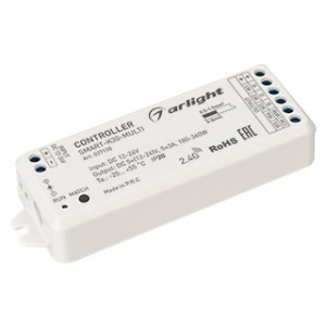 Контроллер SMART-K30-MULTI (12-24V, 5x3A, RGB-MIX, 2.4G) 027135, Многофункциональный 5-канальный контроллер для светодиодной RGB и MIX лент и модулей (ШИМ). Питание/рабочее напряжение 12-24VDC, максимальный ток 3A на канал, 5 каналов, максимальная мощность 180-360W. Винтовые клеммы. Корпус - PVC. Габариты 114x38x20 мм.