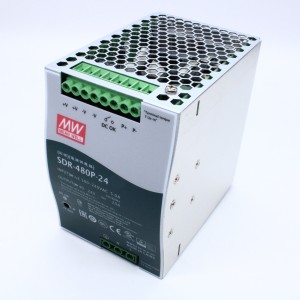 SDR-480P-24, Преобразователь AC-DC на DIN-рейку  480Вт, выход 24В/0...20A, рег.вых=24...28В, вход 90…264VAC, 47…63Гц / 127…370VDC, изоляция 3000V AC, в кожухе : 85.5х125.2х128.5мм, -25…+70°С, возможность параллельного подключения