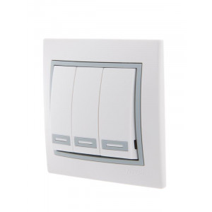 Выключатель 3-кл. СП Mira 10А IP20 с сер. вставкой бел. 701-0215-109