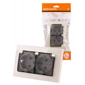 Розетка двойная 2П+З с защ. шт. и прозрачной крышкой 16А 250В IP44 сл. кость "Таймыр" SQ1814-0177