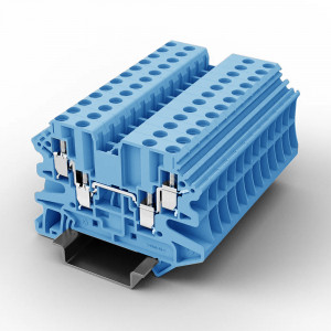 Проходная клемма UUK-2.5/2-2-BE, Проходная клемма, 4 точки подключения, тип фиксации провода: винтовой, номинальное сечение: 2,5 мм кв., 24A, 500V, ширина: 5,2 мм, цвет: синий, тип монтажа: DIN35