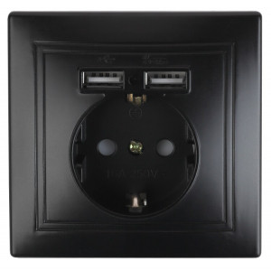 Розетка Plano 1-410-05 с заземлением 2P+E Schuko со шторками, 16А-250В + 2хUSB 5В-2,1А, IP20, СУ, антрацит Б0053946