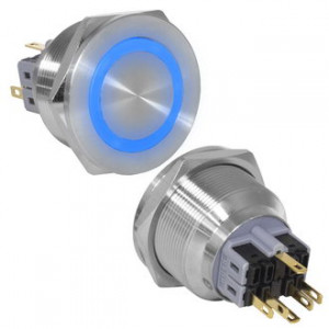 GQ30PF-11ZE/B/N ON-OFF+OFF-ON, Антивандальная кнопка металлическая с фиксацией и с подсветкой, посадочная резьба М30, контакты под пайку