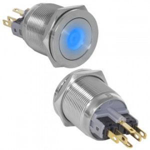 GQ22PF-11ZD/B/N ON-OFF+OFF-ON, Антивандальная кнопка металлическая с фиксацией, посадочная резьба М22, контакты под пайку, с точечной подсветкой