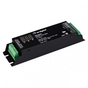 Декодер SMART-K25-DMX (12-36V, 4x8A) 026562, Декодер DMX512 для трансляции DMX512 сигнала ШИМ(PWM) устройствам. Питание 12-36VDC. 4 канала, ток нагрузки 4x8A, мощность нагрузки 384-1152W. Входной сигнал DMX512, выходной сигнал ШИМ(PWM). Терминальные клеммы подключения. Размер 175х46х32 мм.