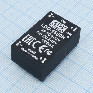 LDD-1500H, DC/DC LED понижающий, вход 9…52В, выход 2…46В/1.5А, КПД до 97%, вход On/Off/DIMM, 31.8x20.3x12.2мм, DIP, -40…65°C, пластик