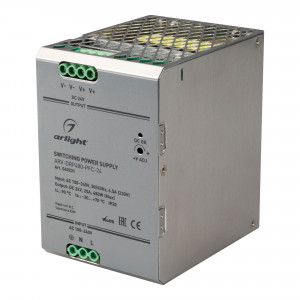 Блок питания ARV-DRP480-PFC-24 (24V, 20A, 480W) 040231, Источник напряжения с гальванической развязкой для светодиодных изделий. Входное напряжение 100-240 VAC. Выходные параметры: 24 В, 20 А, 480 Вт. Негерметичный металлический корпус IP 20 для установки на DIN-рейку. Встроенный PFC >0,95