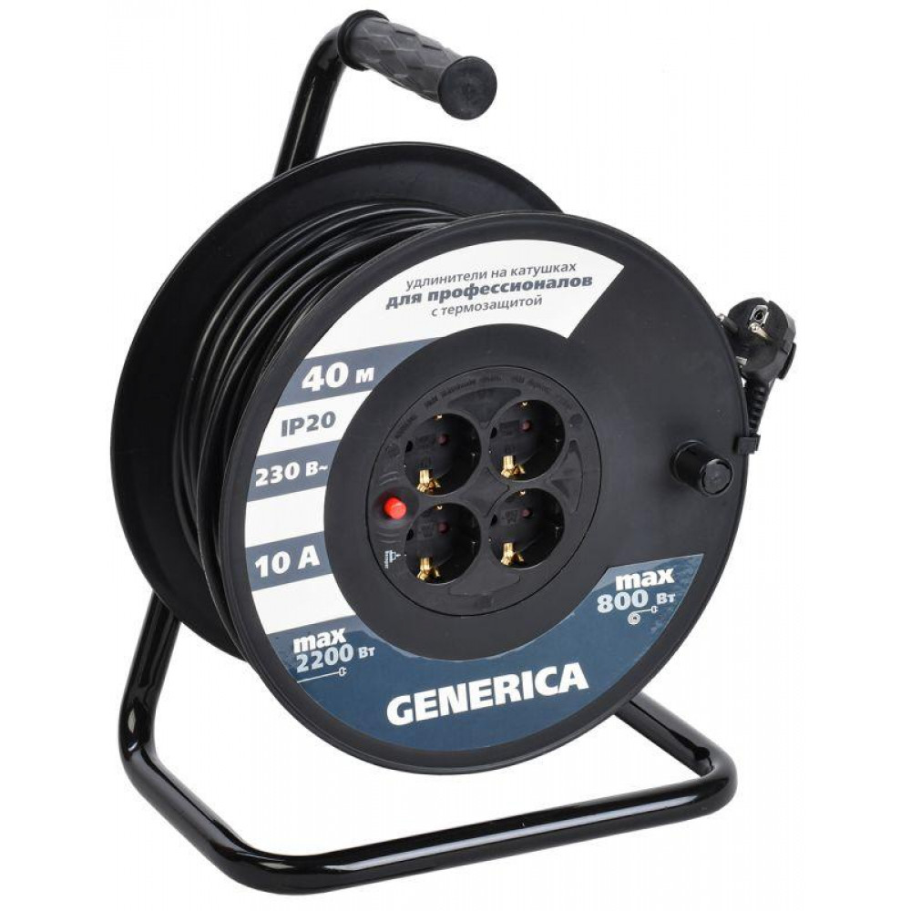 Изображение товара Удлинитель на катушке 4х40м 10А IP20 с термозащитой GENERICA