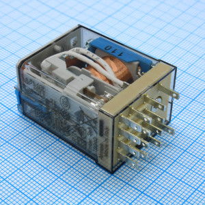 55.34.9.110.0040, Миниатюрное универсальное электромеханическое реле; монтаж в розетку; 4CO 7A; контакты AgNi; катушка 110В DC; степень защиты RTI; опции: кнопка тест + мех.индикатор