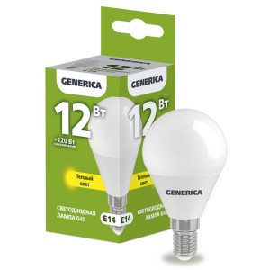 Лампа LED G45 шар 12Вт 230В 3000К E14 GENERICA (кр.10шт) [LL-G45-12-230-30-E14-G]