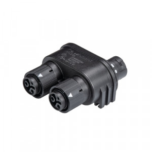 Распределительное устройство RST16I2V 2P1 TGVG SW, Распределительное устройство (тройник), 1 вход/2 выхода, 2 полюса, параллельное соединение, с возможностью крепления к 06.562.5853.0 / 06.562.5853.1, номинальные характеристики: 250V, 16A, цвет корпуса: черный, цвет контактной вставки: черный, серия RST M