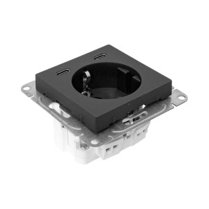 Механизм розетки с USB-C - 2шт, 16А, с заземлением, со шторками, ч-рный Эпика EKF UP1-SOB-111-2USBC