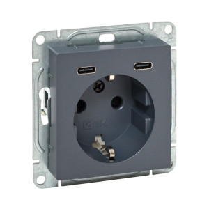 Механизм розетки с USB-C - 2шт, 16А, с заземлением, со шторками, графит Эпика EKF UP1-SOG-111-2USBC
