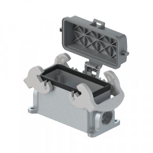 Закрытое основание разъема BAS GUT GF 16 M25 A1, Основание разъема на панель, закрытое, типоразмер 16B, с уплотнителем, 2 отверстия с резьбой для кабельных вводов M25x1,5, без защелок (упоры для двух защелок), с защитной крышкой, материал корпуса: алюминиевый сплав