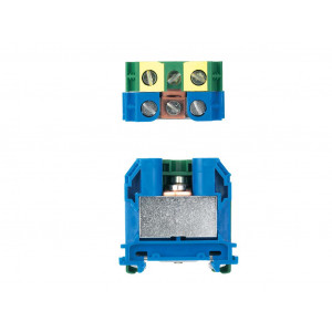Клеммная сборка 9700A/16 PEN2 S35, Клеммная сборка из 2 клемм: 9700A/16 PE, 9700A/16 N, тип фиксации провода: винтовой, номинальное сечение: 35 мм кв., 125A, 800V, цвет: синий/желто-зеленый, тип монтажа: DIN35