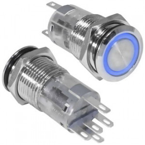 LAS2GQF-11ZE/B/N ON-ON, Кнопка антивандальная металлическая с фиксацией с кольцевой синей подсветкой, 3А 250В, резьба М16