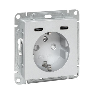 Механизм розетки с USB-C - 2шт, 16А, с заземлением, со шторками, алюминий Эпика EKF UP1-SOA-111-2USBC