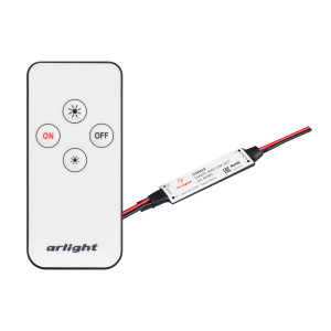 Диммер SMART-MINI-DIM-SET (12-24V, 1x4A, ПДУ 4кн, IR) 031593, Комплект миниатюрного диммера с ИК-пультом для монохромной светодиодной ленты (ШИМ). Питание/рабочее напряжение 12-24VDC, максимальный ток 4A на канал, 1 канал, максимальная мощность 48-96W. Имеет память последнего состояния перед пропаданием электропитан
