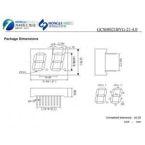 GCS08021BYG-21-4.0, 2-х разрядный индикатор 20,32мм/зеленый/569нм/40-50мкд/ общий анод
