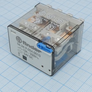 56.34.9.024.0010, Миниатюрное силовое электромеханическое реле; монтаж в розетку или наконечники Faston (4.8х0.5мм); 4CO 12A; контакты AgNi; катушка 24В DC; степень защиты RTI; опции: кнопка тест