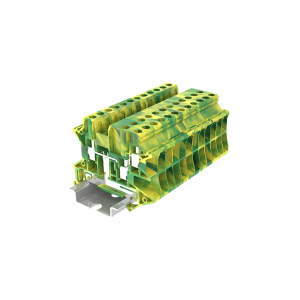 Заземляющая клемма TU4-3-PE, Заземляющая клемма, 3 точки подключения, тип фиксации провода: винтовой, номинальное сечение: 4 мм кв., 32A, 1000V, ширина: 6,2 мм, цвет: желто-зеленый, тип монтажа: DIN35