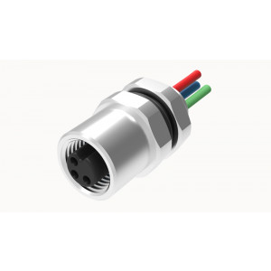 Розеточный разъем SD-M5A-03P-FF-SH7A50, Розеточный разъем в панель, 3 полюса, M5 гайка сзади, с проводом, A-Code, сечение проводовников: 0.25 мм кв., (цвет проводовников: коричневый, синий, черный), 1A, 60V, M5*0.5, металл