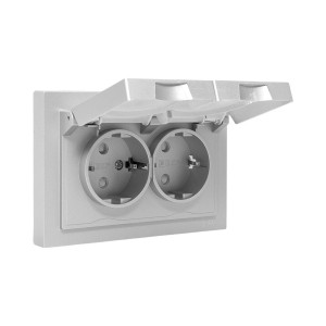 Механизм розетки двойной, 16А, IP44, с заземлением, со шторками, с рамкой, с крышками, алюминий Эпика EKF UP1-SOA-211-44
