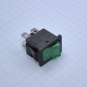 DS RWB-207 зеленый 12V, 2 положения клавиши, 2 группы замыкающих контактов, 250VAC 6A, ширина контакта 4.8мм, зеленая подсветка 12В