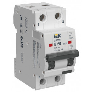 ARMAT Автоматический выключатель дифференциального тока B10N 2P B20 30мА тип AC IEK AR-B10N-2-B020C030