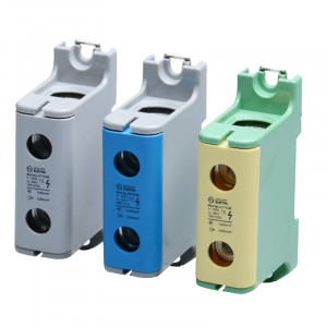 Силовая клемма JUT10-95/2-BE, Проходная клемма, (комплект 2 штуки), тип фиксации провода: винтовой, номинальное сечение: 95 мм кв., 245A, 1000V, ширина: 82 мм, цвет: синий, тип монтажа: DIN35