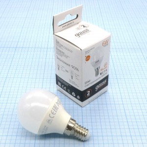 Лампа LED Gauss 6W тепл шар (232), E14,3000k,420Lm,82*45