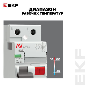 Выключатель дифференциального тока (УЗО) 2п 63А 30мА тип AC DV AVERES rccb-2-63-30-ac-av