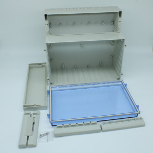 DC009CBU, Двухсекционный корпус IP65 с откидной прозрачной синей крышкой, база ABS светло-серая, крышка из поликарбоната