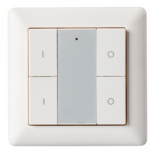 KNOB SR-2853K4-RF-UP WHITE, 2-зонный накладной диммер-выключатель, работает по радиоканалу (короткое нажатие - вкл, длинное нажатие - диммир-е). Используется с контроллерами серии SR-1009х. Питание - литиевая батарейка 3V CR2450. К одному контроллеру SR-1009х можно привязать неск. п