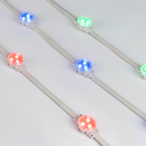 Модуль управляемый DMX-F3-D30 12V RGB (0.75W, IP68, 120 deg) 036830, Управляемый светодиодный модуль DMX, RGB, микросхема SM16511, напряжение 12 В, мощность 0.75 Вт, 3 светодиода SMD 3535, угол 120°. Создание медиафасадов, 30 шт на проводе, расстояние между центрами модулей 170 мм, длина провода между модулями 125 мм