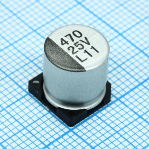 ELV471M25RF, Конденсатор алюминиевый электролитический 470мкФ ±20% 25В (10х10.5мм) для поверхностного монтажа 400мА 2000час 85°С лента на катушке