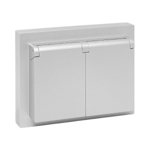 Механизм розетки двойной, 16А, IP44, с заземлением, со шторками, с рамкой, с крышками, алюминий Эпика EKF UP1-SOA-211-44