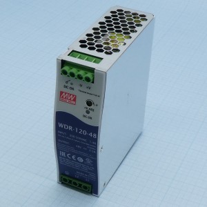 WDR-120-48, Преобразователь AC-DC на DIN-рейку  120Вт, вход 180…550V AC, 47…63Гц /254…780V DC, выход 48В/0…2,5A, рег. вых=48…58В, изоляция 3000В AC, в кожухе  40х125.2х113,5мм, -25…+70°С