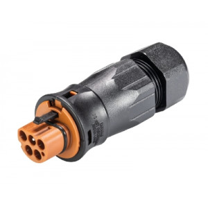 Разъем RST20i5 96.052.4551.4, Вилочный разъем на кабель диам. 10-14 мм, IP68(69k), 5 полюсов, винтовая фиксация провода, номинальные характеристики: 250/400V+РЕ, 25A, цвет контактной вставки: серый, цвет корпуса: коричневый, серия RST Classic