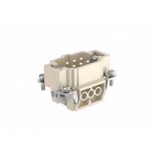 Вилочная контактная вставка HE-006-M, Вилочная контактная вставка, винтовая фиксация, 6 полюсов + PE, типоразмер 6B, 500V, 16A, сечение обслуживаемых проводников 1,0-2,5 мм кв, тип покрытия контактов: серебро