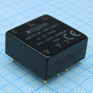 AM30CW-4815SNZ, DC/DC, 30Вт, вход 18…75В, выход 15В/2А, изоляция 1500В DC, КПД 88%, максимальная емкостная нагрузка не более 1500мкФ, вход On/Off, 1x1", 25.4x25.4x11.7мм, -40…85°C, металл