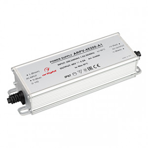 Блок питания ARPV-48200-A1 (48V, 4.2A, 200W) 034690, Источник напряжения с гальванической развязкой для светодиодных изделий. Входное напряжение 200-240 VAC. Выходные параметры: 48 В, 4.2 А, 200 Вт. Встроенный PFC >0,5. Герметичный алюминиевый корпус IP 67. Рабочая температура -40…+70C?. Габаритные размеры