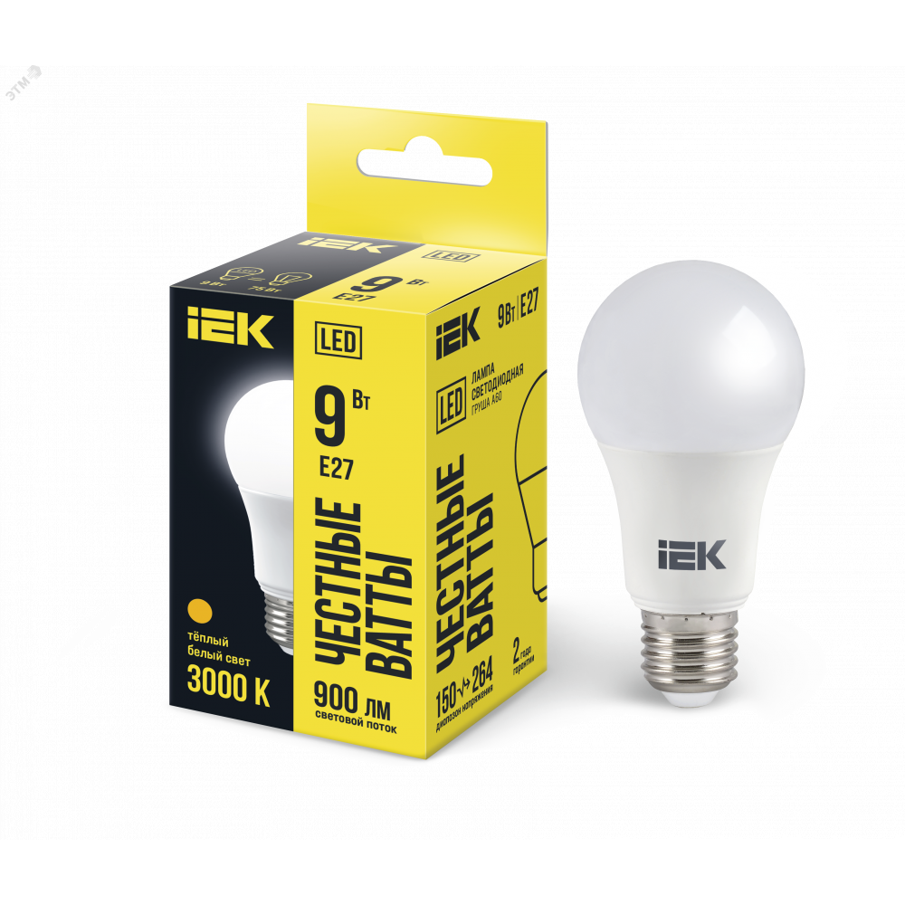 Изображение товара Энергосберегающая LED лампа Eco A60 9Вт E27 3000K 810Лм Тёплый белый